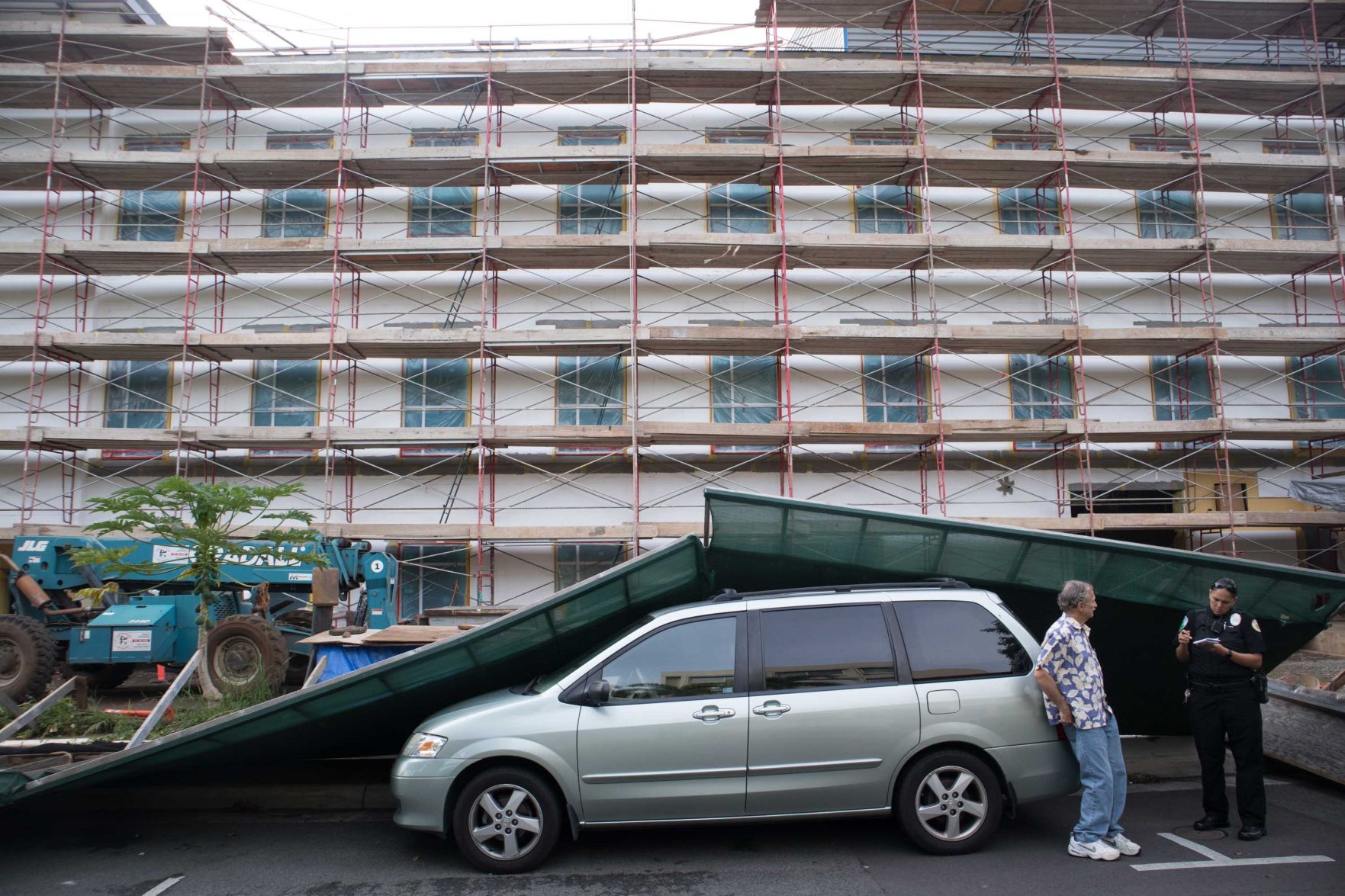 Construction barriers hit car